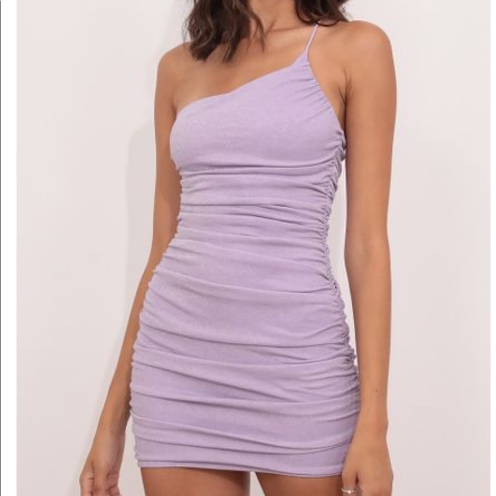 one shoulder lavender sparkly mini dress
